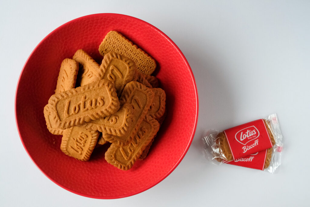 Top View of Lotus Biscoff is a caramelized biscuit, smooth and crunchy textures.