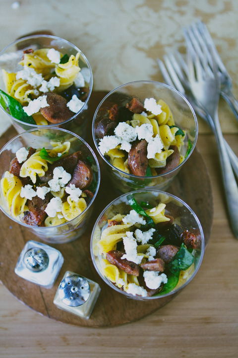 Gluten-free Pasta Salad with Spinach, Olives, and Sausage